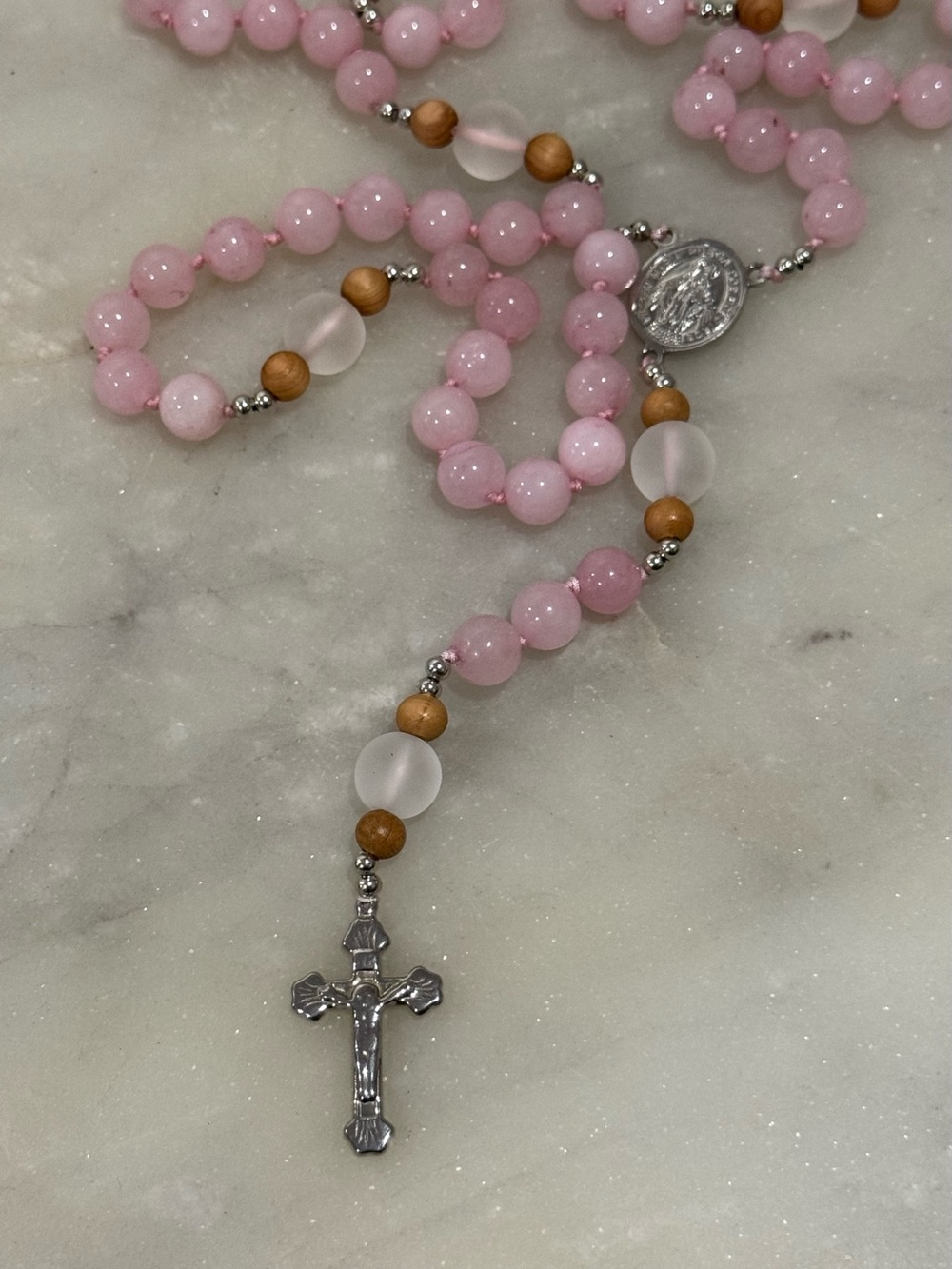 Pink Beaded Rosary Necklace with Silver Crucifix